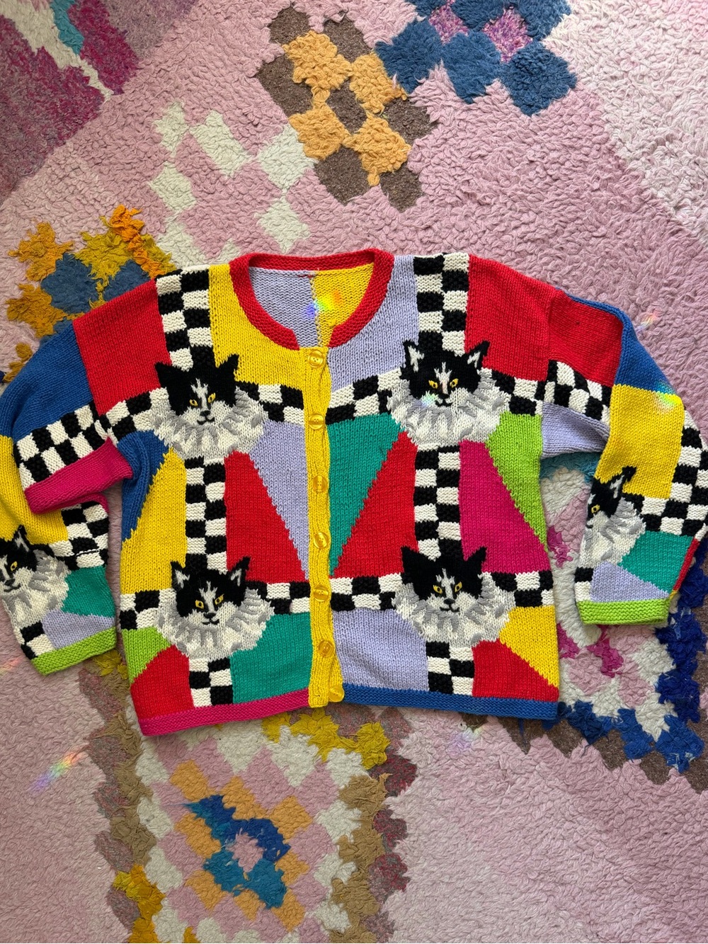 Vtg 80s 90s Cardigan Bay Clown Cat Harlequin Patchwork Hand Knit Cardigan